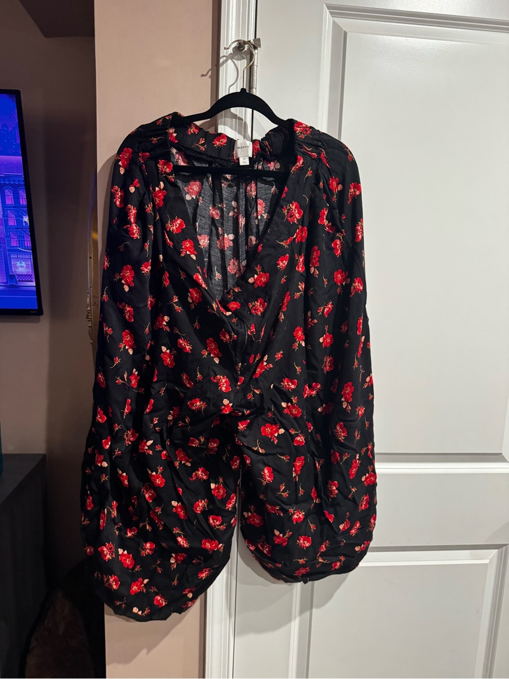 Black Floral pants with Red Rose Print